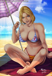 beach beach_towel blonde_hair blue_eyes cedric_humbert cleavage dc dc_comics huge_breasts inviting karen_starr kryptonian lifting_strap medium_breasts mismatched_bikini power_girl seaside sitting superman_(series) rating:Questionable score:35 user:TheKindHaremMaster