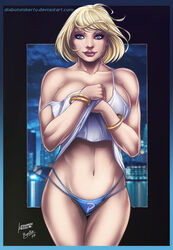 bikini_bottom blonde_hair blue_eyes cedric_humbert dc dc_comics huge_breasts karen_starr kryptonian leonardo_frizzi looking_at_viewer power_girl shirt_slip voluptuous rating:Questionable score:45 user:TheKindHaremMaster