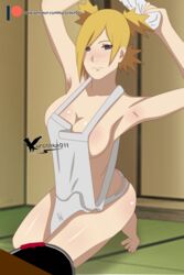 1girls agung911 apron armpits arms_up barefoot blonde_hair blush boruto:_naruto_next_generations breasts cleaning cleavage feet female female_only green_eyes holding_object indoors kneeling looking_at_viewer milf naked naked_apron naruto naruto_(series) nude quad_tails smile solo temari tied_hair toes towel rating:Questionable score:154 user:VenomFate