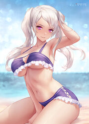 1girls absurd_res alternate_costume armpits azto_dio bangs bare_shoulders beach bikini blurry_background blush breasts cleavage collarbone female fire_emblem fire_emblem_awakening grima_(fire_emblem) highres large_breasts long_hair looking_at_viewer navel nintendo ocean outdoors outside purple_bikini purple_eyes purple_swimsuit robin_(fire_emblem) robin_(fire_emblem)_(female) sand sideboob skindentation solo swimsuit tagme thighs twintails underboob water white_hair rating:Explicit score:51 user:reflet1