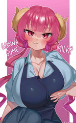 1girls apron big_breasts breast_grab breast_squeeze dialogue dragon_girl dragon_horns english_text engrish fangs female female_only horns ilulu_(dragon_maid) large_breasts looking_at_viewer miss_kobayashi's_dragon_maid narrowed_eyes nia_(nia4294) pink_eyes pink_hair shirt slit_pupils smiling smiling_at_viewer solo solo_female solo_focus twintails very_high_resolution rating:Questionable score:525 user:!nner$elf89