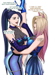 ahri ass big_ass big_butt black_hair blonde_hair breasts butt female female_only iury_padilha k/da_all_out_ahri k/da_all_out_kai'sa k/da_all_out_series kai'sa league_of_legends leggings stretching text thick_thighs rating:Questionable score:206 user:ugaugaugau12e