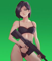 1girls bare_shoulders black_hair black_panties bra cleavage collar green_background green_eyes gun lingerie medium_breasts medium_hair panties pomelomelon smile solo underwear valorant viper_(valorant) rating:Questionable score:336 user:kris923