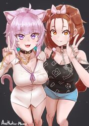 2girls :3 aestheticc-meme ahoge animal_collar animal_ears animal_print artist_name bangs_pinned_back big_breasts black_background blouse bondage bone bow bra breasts brown_eyes brown_hair cat_ears cat_tail catgirl chains choker cleavage collar collarbone cowboy_shot denim denim_shorts dog_ears dog_girl dog_tail dress_shirt eyebrows_visible_through_hair eyelashes eyeliner eyes_visible_through_hair fang fangs female female_only femsub gold_chain hair_ornament hairbow hazel_eyes highres holding holding_chain hololive hololive_gamers hololive_japan inugami_korone kemonomimi knees large_breasts leopard_print long_hair looking_at_viewer low-tied_long_hair makeup medium_breasts multiple_girls multiple_subs nekomata_okayu purple_eyes purple_hair see-through see-through_clothing shirt short_shorts shorts slave slave_collar smile starry_background tail tank_top thighs underwear virtual_youtuber wide_hips rating:Explicit score:155 user:yohmore