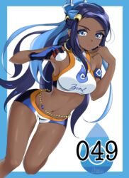 1girls armpits ass athletic athletic_female bare_arms bare_legs bare_midriff bare_shoulders bare_thighs belly_button black_hair blue_eyes blue_hair breasts chaesu crop_top dark-skinned_female dark_skin earrings female female_focus female_only full_body game_freak glove gloves hand_on_shoulder hoop_earrings jewelry large_breasts long_hair long_legs looking_at_viewer midriff multicolored_hair navel navel_line nessa_(pokemon) nintendo pokeball pokemon pokemon_(game) pokemon_ss short_shorts shorts simple_background solo solo_female solo_focus swimsuit swimwear toned toned_female water_drop rating:Questionable score:84 user:CalZone