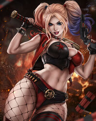 1girls alternate_breast_size baseball_bat batman_(series) big_breasts blonde_hair blue_eyes breasts bullet bullets dandon_fuga dc dc_comics dyed_hair dynamite female female_only fingerless_gloves firearm fishnet_stockings fully_clothed gun handgun harley_quinn hourglass_figure human large_breasts makeup pale_skin red_lipstick revolver solo spiked_bracelet twintails weapon rating:Safe score:369 user:Quarks