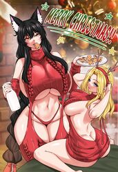 ahri big_ass big_breasts blonde_hair blue_eyes christmas christmas_outfit christmas_tree cookie dark_hair fox_ears horny huge_ass huge_breasts league_of_legends luxanna_crownguard milk partially_clothed partially_nude reindeer_antlers ryuukusnpaiarts size_difference skimpy_clothes virgin_killer_sweater yellow_eyes rating:Explicit score:179 user:User357312