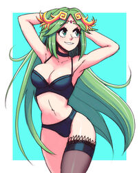 1girls alternate_costume bra breasts female gingrjoke green_eyes green_hair kid_icarus long_hair nintendo palutena panties solo thigh_highs thighhighs white_skin rating:Questionable score:121 user:Redguy7