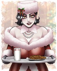 1girls alcina_dimitrescu big_breasts black_hair capcom christmas christmas_outfit cleavage cookie dangerousbride female female_only fur_hat fur_trim glass_of_milk headwear looking_at_viewer milk pale-skinned_female pale_skin pearl_necklace red_lipstick resident_evil resident_evil_8:_village smiling smiling_at_viewer solo tray very_high_resolution yellow_eyes rating:Questionable score:87 user:BlueVertig0