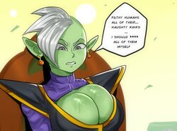 1girls big_breasts detnox dragon_ball dragon_ball_super english_text favorite female_zamasu green_body green_skin pointy_ears potara_earrings rule_63 short_hair speech_bubble sweat sweatdrop text white_hair zamasu rating:Explicit score:308 user:Cranium