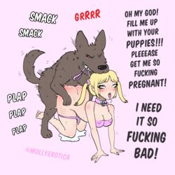  1animal 1boy 1dog 1girls ahe_gao all_fours animal_holding_leash artist_name asking_for_creampie barbell_piercing bestiality blonde_hair canine canine_on_human doggy_style english_text feral_holding_leash full_body human_pet_feral_owner impregnation impregnation_request interspecies leash_in_mouth leashed_collar legs_together medium_breasts mollyerotica nipple_piercing nipple_piercings_under_clothes petplay pink_background pink_collar pink_leash pink_nails plap_(sound) profanity role_reversal runny_mascara scratch_marks simple_background smack_(sound_effect) tremble_lines twintails zoophilia  rating:explicit score: user:mollyerotica