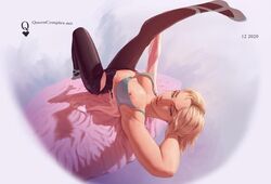 armpits arms_behind_head asymmetrical_hair bed blonde_hair bra cleavage gwen_stacy laying_down laying_on_bed leg_grab leg_up looking_at_viewer marvel medium_breasts nipple_slip pants queencomplex seductive_look seductive_smile short_hair spider-man:_into_the_spider-verse spider-man_(series) thin_waist toned_female yoga_pants rating:Explicit score:335 user:Jerkmaster15