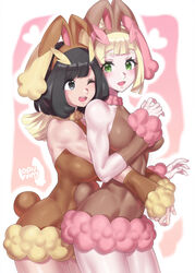 2girls black_eyes black_hair blonde_hair blush breasts bunny_ears bunny_girl bunnysuit clothed cosplay evuoaniramu female female_only green_eyes happy hugging hugging_from_behind lillie_(pokemon) lopunny_(cosplay) mizuumi_(bb) pokemon pokemon_(cosplay) pokemon_sm selene_(pokemon) wink yuri rating:Safe score:191 user:justausername