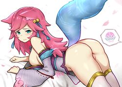 1girls ahri animal_ears ass blue_eyes blush bottomless breasts exposed_breasts fox_ears fox_tail hair_ornament heart-shaped_pupils kitsune league_of_legends long_hair looking_back open_mouth partially_clothed pink_hair pussy saliva simple_background spirit_blossom_ahri spirit_blossom_series tail tongue_out weimiao rating:Explicit score:109 user:MusaTheGreat