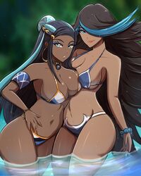 2021 2girls alternate_breast_size armband bikini black_hair blue_bikini blue_eyes blue_highlights breasts brown_skin clothed clothed_female dark-skinned_female dark_skin female female_focus female_only gym_leader hair_over_one_eye hi_res highlights huge_breasts jewelry long_hair looking_at_viewer naughty_face necklace nessa_(pokemon) nintendo omiza_somi outdoors painted_nails pokemon pokemon_oras pokemon_ss shelly_(pokemon) shelly_(pokemon_oras) silvina_(pokémon) slim_waist smile suggestive_look swimsuit team_aqua thick_thighs thighs water wet rating:Questionable score:244 user:Cero_Oscuras