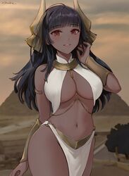 1girls black_hair blush chowbie dark-skinned_female egyptian egyptian_clothes eyebrows_visible_through_hair female female_only hair_ornament long_hair navel original pyramid red_eyes rating:Questionable score:212 user:AutumnAlex