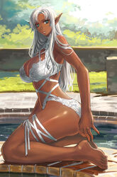 armpits ass bare_arms bare_legs bare_midriff bare_shoulders bare_thighs barefoot brick cleavage dark-skinned_female dark_elf dark_skin elf elf_female female female_focus female_only green_eyes large_breasts lingerie long_hair looking_to_the_side navel outdoors outside pointed_ears pointy_ears rannou sole_female solo solo_female solo_focus underwear white_hair white_lingerie rating:Questionable score:97 user:CalZone