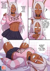 1girls abs animal_ears blush bunny_ears choker collar comic dark-skinned_female dark_skin dialogue english_text female female_focus female_only imminent_fellatio imminent_oral legs_spread miruko muscular muscular_female my_hero_academia no_bra nudiedoodles on_back patreon_username pleated_skirt red_eyes rumi_usagiyama skirt snap_my_choker text thighhighs underboob rating:Questionable score:578 user:MegaMoo