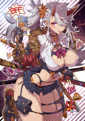 1girls areolae ass bare_midriff bare_thighs barely_clothed barely_contained barely_visible_nipples belly_button bottomwear breasts cleavage dark-skinned_female dark_skin devil_horns ear_piercing earrings emoji eyeshadow female female_focus female_only fingerless_gloves fingernails fishnets garter garter_belt garter_straps gloves gyaru hair_ornament horns large_breasts lingerie long_fingernails long_ponytail long_sleeves looking_at_viewer loose_clothes meme navel navel_line nipple_bulge nipples nipples_visible_through_clothing one_eye_covered oni oni_horns open_clothes open_shirt particles_(artist) phone ponytail ribbon school_uniform schoolgirl shoes short_skirt sleeves sole_female solo solo_female solo_focus spikes sticker sword tagme tail tongue tongue_out topwear very_short_skirt weapon white_hair rating:Questionable score:74 user:CalZone