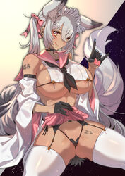 1girls animal_ears areolae armpits ascot ass bangs bare_breasts bare_midriff bare_shoulders bare_thighs barely_clothed barely_visible_genitalia barely_visible_pussy black_gloves black_panties body_writing breasts choker condom condom_wrapper dark-skinned_female dark_skin detached_sleeves female female_focus female_only fluffy fluffy_ears fluffy_tail fox fox_ears fox_girl fox_tail foxgirl front_view garter garter_belt garter_straps gloves gyaru hair_ornament hair_ribbon holding_object inner_sideboob japanese_clothes japanese_tally_marks japanese_text kimono_sleeves large_breasts licking licking_lips long_hair long_sleeves loose_clothes maid maid_headdress multiple_tails navel navel_line nipple_bulge nipples nipples_visible_through_clothing open_clothes open_shirt particles_(artist) red_eyes ribbon school_uniform schoolgirl short_gloves short_skirt sideboob silver_hair simple_background skimpy skirt_around_belly skirt_pull sleeves sole_female solo solo_female solo_focus spread_legs tagme tail thick_thighs thigh_strap thighhighs thighs tongue tongue_out twintails underboob very_short_skirt white_hair yellow_eyes rating:Explicit score:140 user:CalZone