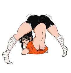 ass breasts chichi dragon_ball dragon_ball_super dragon_ball_z gokutrash jack-o_pose looking_at_viewer looking_back speech_bubble underboob white_background rating:Questionable score:166 user:ShadowNanako