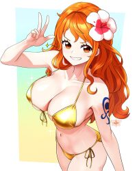  alternate_costume artist_name bare_arms bare_shoulders bikini border breasts cleavage collarbone cowboy_shot english_commentary female flower from_above front-tie_bikini_top front-tie_top gold_bikini grin hair_flower hair_ornament halterneck hand_up highres large_breasts long_hair looking_at_viewer nami_(one_piece) narrow_waist navel one_piece orange_eyes orange_hair outside_border parted_lips shoulder_tattoo side-tie_bikini_bottom single_sidelock skylight_draws smile solo sparkle stomach string_bikini swimsuit tattoo v wavy_hair white_border  rating:safe score: user:bot