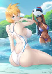 2girls aged_up ass big_ass big_breasts bikini blue_eyes breasts dufreyjupiter female female_only kasumi_(pokemon) long_hair looking_at_viewer looking_back misty_(pokemon) misty_(pokemon_hgss) multiple_girls nessa_(pokemon) nintendo orange_hair pokemon pokemon_gsc pokemon_hgss pokemon_ss pool short_hair sitting swimsuit thick_thighs thighs two_tone_hair rating:Questionable score:70 user:Bikuta69