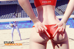 2girls 3d 3d_(artwork) abs ass ass_focus athletic athletic_female back beach_ball belly belly_button bikini blizzard_entertainment blue_skin bubble_butt female female_focus female_only hand_behind_back hi_res mercy muscular muscular_female overwatch sand sport sports_bra sports_uniform sportswear studioaberration swimsuit swimwear tattoo volleyball volleyball_net volleyball_uniform widowmaker rating:Questionable score:70 user:xplosive93