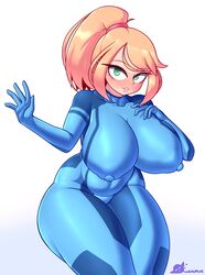 1girls bodysuit breasts cuchuflin female female_only huge_breasts looking_at_viewer metroid nintendo samus_aran solo thick_thighs wide_hips zero_suit zero_suit_samus rating:Explicit score:92 user:justausername