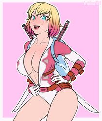 1girls big_breasts blonde blonde_hair blue_eyes breasts cleavage female female_focus female_only flashing gwen_poole gwenpool gwenpool_(series) half-dressed highres jumpsuit katana lips marvel marvel_comics one_piece_suit open_mouth pink_highlights revtilian showing_breasts showing_off solo solo_female solo_focus teeth thighs tongue two_tone_hair undressing unzipping weapon weapon_on_back weapons rating:Questionable score:154 user:deleted5733