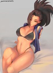 1girls bed bed_sheet belly big_breasts black_bra black_hair black_thong bra breasts cleavage covered_nipples female female_focus female_only highleg looking_at_viewer momo_yaoyorozu my_hero_academia navel paranoiddroid sitting sitting_on_bed solo solo_female solo_focus thick_thighs thighs rating:Questionable score:500 user:St1rolvamp3ler