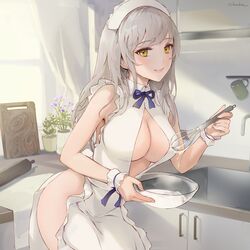 1girls apron big_breasts blouse blush breasts chowbie cleavage cleavage_cutout collared_dress cooking cuffs eyelashes eyeliner female female_only frills indoors kitchen light-skinned_female long_hair looking_at_viewer maid maid_apron maid_headdress maid_uniform makeup naked_apron original shirt thigh_gap white_hair wife yellow_eyes rating:Questionable score:170 user:AutumnAlex