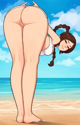 1girls 2d alternate_version_available ass avatar_legends avatar_the_last_airbender back_view barefoot beach bent_over blue_sky braided_ponytail brown_eyes brown_hair calves female female_only fire_nation futanari_version_available innie_pussy legs light-skinned_female light_skin long_legs loodncrood looking_back medium_breasts nickelodeon no_panties nonbender ocean offscreen_character pale-skinned_female pale_skin presenting_hindquarters pussy smile solo swimsuit ty_lee upskirt water watermark rating:Explicit score:1294 user:Cranium