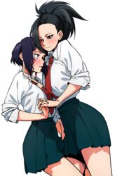 2girls black_hair blue_hair blush breasts collared_shirt duo earplugs female female_only half-closed_eyes high_resolution holding_hands interlocked_fingers kyoka_jiro leg_between_thighs long_hair medium_breasts momo_yaoyorozu multiple_girls my_hero_academia nukosan. nukosann parted_lips ponytail red_neckwear school_uniform shirt short_hair simple_background skirt sleeves_rolled_up small_breasts smile thigh_against_crotch tied_hair uniform white_background yuri rating:Safe score:204 user:jff69