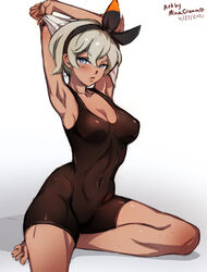 1girls arms_up bare_legs bea_(pokemon) blue_eyes bodystocking breasts cleavage dark-skinned_female dark_skin grey_hair looking_at_viewer medium_breasts minacream nintendo pokemon pokemon_ss short_hair shorts solo white_background rating:Safe score:122 user:kris923