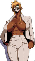 1girls abs absurdres alecto_0 alternate_costume aqua_eyes arrancar bleach blonde_hair breast_tattoo breasts brown_skin clothed clothing cowboy_shot dark-skinned_female dark_skin earrings eyebrows eyebrows_visible_through_hair female female_only hand_on_hip highres huge_breasts jacket jewelry long_hair no_underwear number_tattoo open_clothes open_jacket pants solo solo_focus stud_earrings tattoo tia_harribel white_background white_jacket white_pants rating:Questionable score:307 user:UnrealHarbor