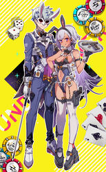 1boy 1girls animal_ears badge bangs bare_breasts bare_shoulders bare_thighs barely_visible_genitalia barely_visible_nipples barely_visible_pussy belly_button bowtie breasts bullet bunny_ears bunny_girl bunnysuit cane cards cleavage clothed_male collar cuffs dagger dark-skinned_female dark_skin dice female garter_straps gloves gun hair_ornament hair_ribbon headband highleg_leotard holding_object knife large_breasts long_hair long_legs long_sleeves low_ponytail mask midriff navel navel_cutout particles_(artist) pistol poker_chip ponytail pouch purple_eyes short_hair sideboob straps tagme thick_thighs thigh_highs thigh_strap thighhighs thighs tongue tongue_out underboob undercover weapon white_hair wrist_cuffs writing writing_on_skin rating:Questionable score:12 user:CalZone