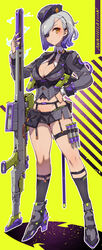 1girls bangs bare_legs bare_midriff bare_thighs belly_button breasts cleavage clothed collar dark-skinned_female dark_skin darts detailed_shoes english english_text eye_patch eyebrows_visible_through_hair eyelashes eyewear female female_focus female_only garter garter_belt garter_straps gold_eyes grey_hair gun hand_on_hip hat heeled_shoes heels holding_object holster holstered_weapon large_breasts long_legs long_sleeves long_socks midriff military military_hat military_uniform navel open_shirt particles_(artist) pouch purple_hair rifle short_hair short_skirt skirt socks solo solo_female solo_focus tagme tan_skin thick_thighs thigh_strap thighs tie tie_between_breasts two_tone_hair weapon wrist_cuffs rating:Questionable score:46 user:CalZone