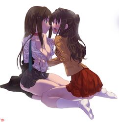 2girls ass black_legwear blouse blue_eyes blush bondage breasts brown_eyes brown_hair cardigan chains cleavage clothes_down collar dress_shirt female female_only femdom femsub high_resolution idolmaster idolmaster_cinderella_girls leash lingerie long_hair medium_breasts multiple_girls no_bra open_clothes open_mouth open_shirt pantsu rin_x_uzuki school_uniform shibuya_rin shimamura_uzuki shirt simple_background skirt slave_collar underwear undressing uniform very_high_resolution white_background white_legwear yang-do yuri rating:Questionable score:133 user:jff69