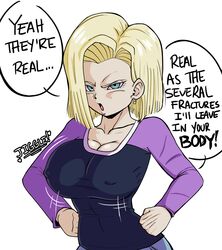 android_18 big_breasts blonde_hair blue_eyes breast_jiggle busty cleavage clothing dragon_ball dragon_ball_super earrings english_text jiggle large_breasts light-skinned_female nipples nipples_visible_through_clothing pseudocel speech_bubble text tight_clothing rating:Explicit score:124 user:P_Vegeta