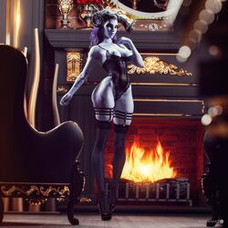 1girls 3d high_heels horns lingerie noahgraphicz overwatch purple_hair stockings tattoo widowmaker rating:Explicit score:149 user:Glocked