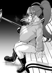 1girls bench blush breasts embarrassed huge_breasts long_hair mask phone ponytail pussy_juice selfie selfie_stick sitting sweat sweating taneshima_popura thighs trenchcoat working!! yuumano_yuuki rating:Questionable score:98 user:Lunaedth