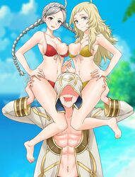 1boy 1boy2girls 2girls abs absurdres ahoge alternate_costume bangs beach bikini blonde_hair blue_eyes braid breast_press breasts cleavage cloud collarbone commission fingernails fire_emblem fire_emblem_fates fire_emblem_heroes full_body gold_bikini gold_nails head_between_thighs highres hood huge_filesize igni_tion kiran_(fire_emblem) kiran_(fire_emblem)_(male) light-skinned_female light-skinned_male light_skin long_hair looking_at_viewer medium_breasts multiple_girls nail_polish navel nina_(fire_emblem) nintendo ocean open_mouth ophelia_(fire_emblem) red_bikini red_nails red_swimsuit side-tie_bikini swimsuit thighs twin_braids upper_body white_hair yellow_bikini yellow_nails yellow_swimsuit rating:Questionable score:40 user:kris923