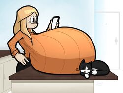 blonde_hair cat chestnut_mouth glasses jinnsart original_character original_characters pac-man_eyes pet_and_owner sleeping smartphone sweater tagme rating:Explicit score:23 user:Nsfw_sexy