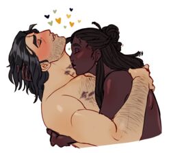 1boy 1boy1girl 1girls arm_hair bast_(artist) black_hair blush body_hair chest_hair dark-skinned_female dark_skin grabbing_hair intimate kiss kiss_mark kissing kissing_neck lipstick_mark looking_pleasured male/female muriel_(the_arcana) muscular_male straight stubble the_apprentice the_arcana wholesome rating:Explicit score:43 user:Kasuhiro