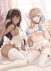 2021 2girls apron arm_behind_head asuna_(blue_archive) bikini black_choker blonde_hair blue_archive blue_bikini blue_eyes breasts brown_hair choker cleaning_&_clearing_(blue_archive) dark-skinned_female dark_skin garter_straps highres index_finger_raised karin_(blue_archive) large_breasts long_hair looking_at_viewer maid_headdress millennium_science_school_student multiple_girls naked_apron panties pdxen sideboob sitting swimsuit thighhighs thighs underwear white_apron white_legwear white_panties yellow_eyes rating:Questionable score:221 user:St1rolvamp3ler