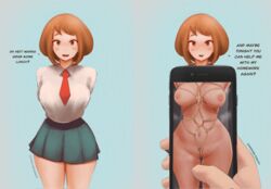 1boy 1girls areolae asian asian_female big_breasts breasts brown_eyes brown_hair eye_contact female female_focus juxtaposition large_breasts light-skinned_female light-skinned_male light_skin looking_at_viewer my_hero_academia nipples ochako_uraraka paranoiddroid phone phone_view photo_comparison school_uniform skirt standing sweat text thick_thighs thighs u.a._school_uniform wide_hips rating:Explicit score:582 user:Bikuta69