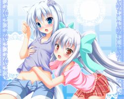  2girls animal_ears blush takataka white_hair  rating:questionable score: user:bot