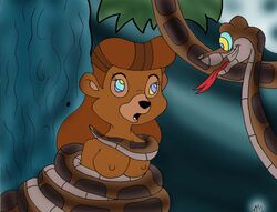 anthro bear black_nose bound breasts brown_fur brown_hair disney eye_contact female feral fur furry_breasts furry_ears hair interspecies kaa lol20 looking_at_another male mammal nipples open_mouth rebecca_cunningham reptile restrained round_ears snake tagme talespin the_jungle_book tongue tongue_out rating:Explicit score:4 user:bot