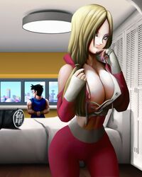 android_18 blonde_hair breasts dragon_ball elitenappa krillin kuririn muscular muscular_male nipples open_shirt ponytail pussy_visible_through_clothes vagina_visible_through_clothing rating:Explicit score:92 user:Fireman_9